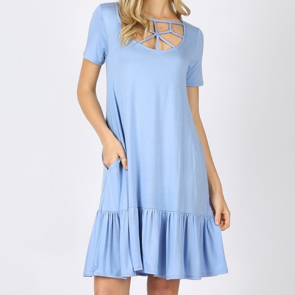 Light Blue Lattice Cutout Neck Ruffle Hem Dress